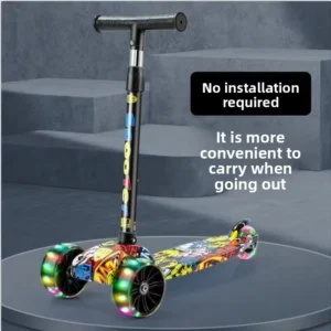 Children’s Graffiti Design 3 Wheel Foldable Scooter with Extra Wide PU Light Up Wheels Adjustable Height Kick Scooter