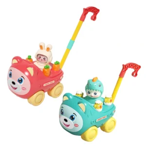 Children’s Hand Push Toy Multi-functional Push Cartoon Bear Animal Toy Car with Bell Toddler Child Walker Trolley Toy