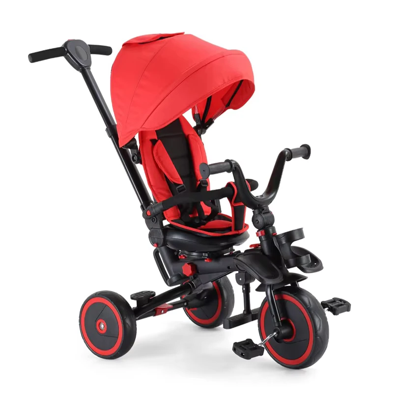 Children's Metal Frame Tricycle with Sunshade and Pushbar 3 EVA Wheels EN71 Certified for 2-7 Year Olds