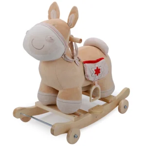 Children’s Plush Toy Solid Wood Rocking Horse Beige Donkey Two in One Riding Toy As a Birthday Gift for Children