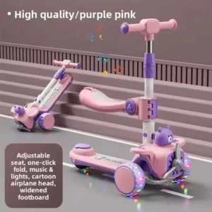 Children’s Three Wheel Foldable Scooter with Sensor and Seat for Boys and Girls Aged 1-8 Outdoor Two in One Toy