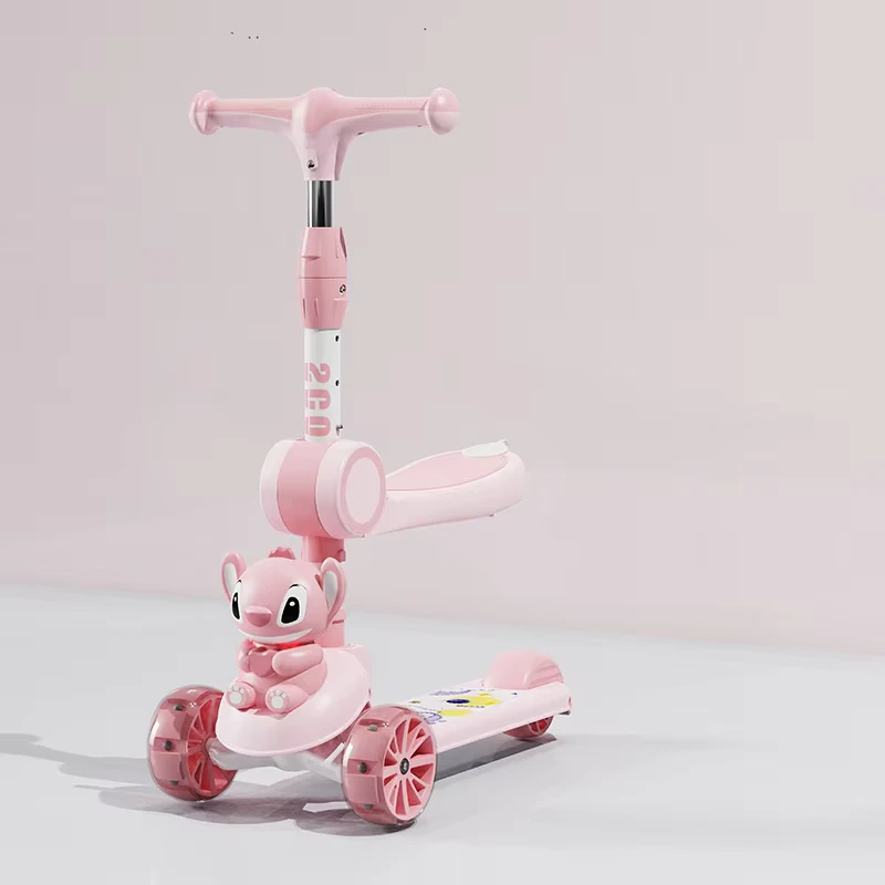 Children's Three-in-One Steel Scooter with Sit Slide One-Key Foldable Lightweight Seat and Light Included