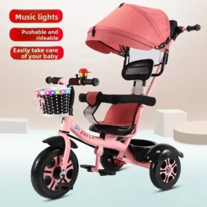 Children’s Tricycle Walking Stroller Playable Toy Hand Pushed Children’s Bicycle Tricycle with Basket and Sunshade