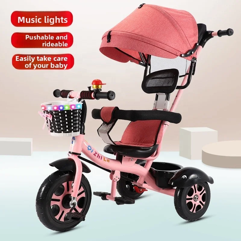 Children's Tricycle Walking Stroller Playable Toy Hand Pushed Children's Bicycle Tricycle with Basket and Sunshade