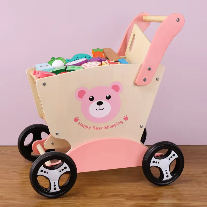 Children's Wooden Baby Walker Pretend Play with Fruits Cutting and Slicing Toys Shopping Cart Toys