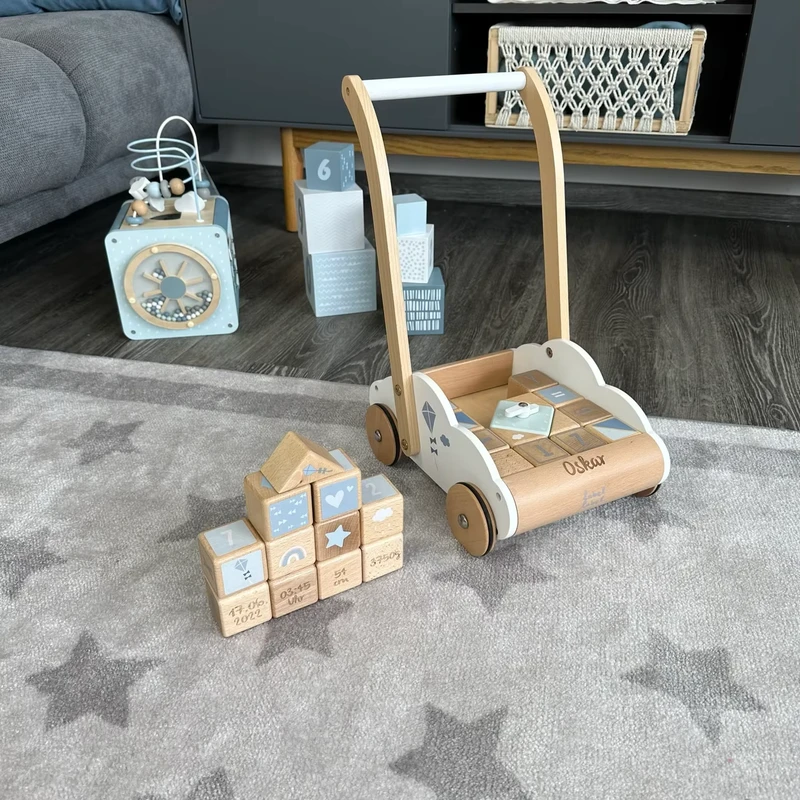Children's Wooden Education Cart with Building Blocks Interactive Learning Baby Walkers
