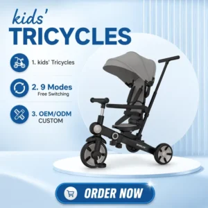China Factory Custom Children Riding Trike Bicycle with Safe 5 Point Harness Adjustable Awning Balancing Bike Tricycle for Kids