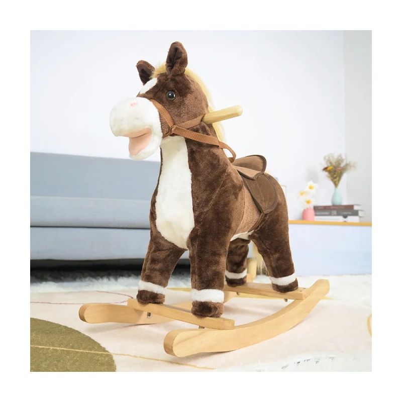 Chinese Children's Lovely Stuffed Plush Rocking Horse Toys With Wooden Base Ride on Toy Animals