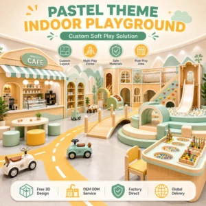 Commercial Indoor Playground Design With Beige Car Track Role Play Village Ride On Road And Mini Slide For FEC Owners