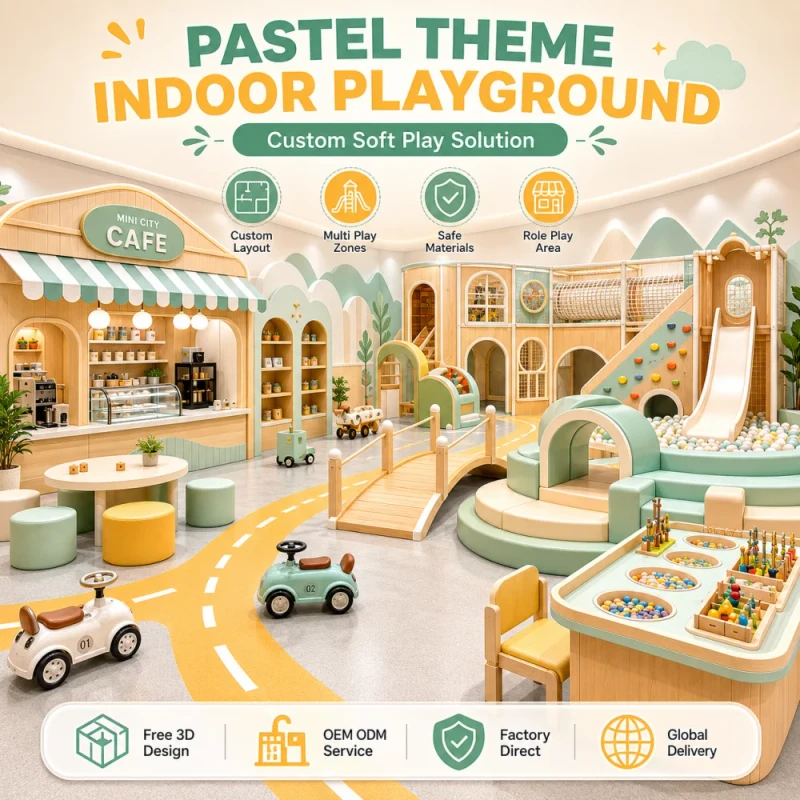 Commercial Indoor Playground Design With Beige Car Track Role Play Village Ride On Road And Mini Slide For FEC Owners