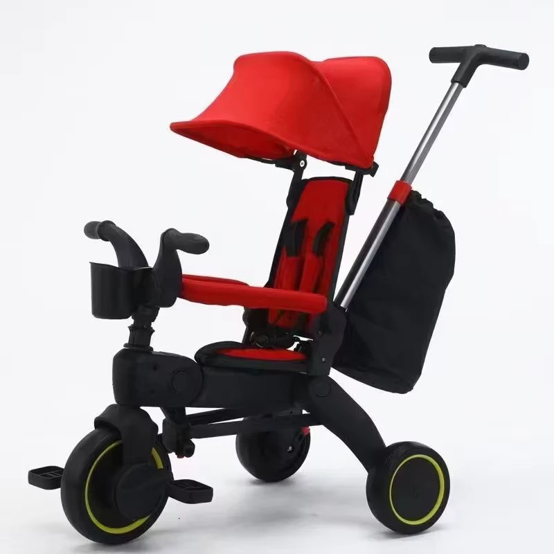 Convertible Children's Tricycle Stroller Foldable Riding Bicycle with Push Handle and Multifunctional Design