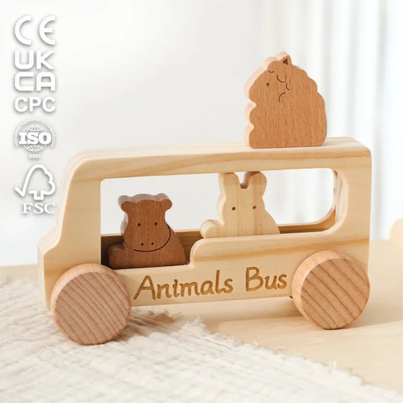 Creative Wooden Animal Bus Car Eco friendly Early Educational Push Bus Car Cute Animal Games Toy for Kids