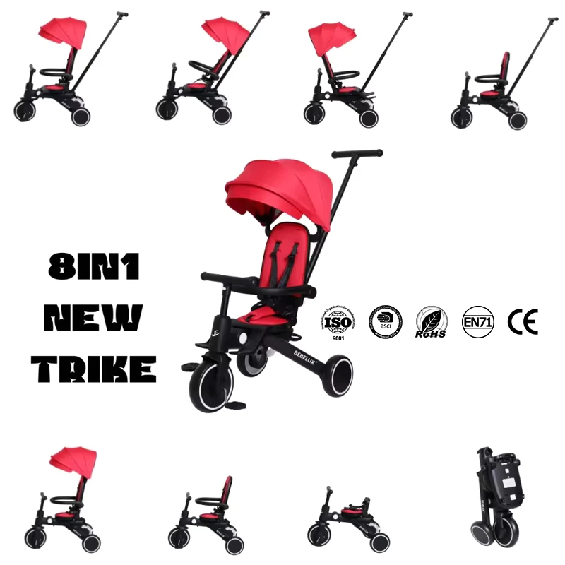 Custom 8 in 1 New Trike Multifunctional Foldable Eco friendly High Quality EN71 Kids Tricycles with Large Canopy for Baby