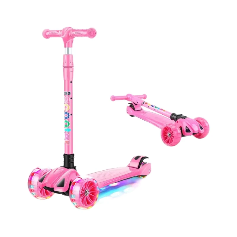 Custom Outdoor Steel Frame Height Adjustable Foldable Kids Scooter with PVC Flashing Wheels