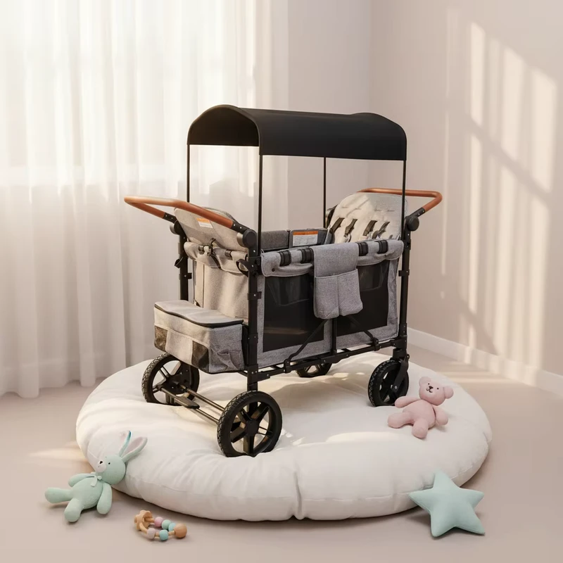 Double Handle Baby Stroller Foldable Large Space Four Seat Breathable Baby Wagon