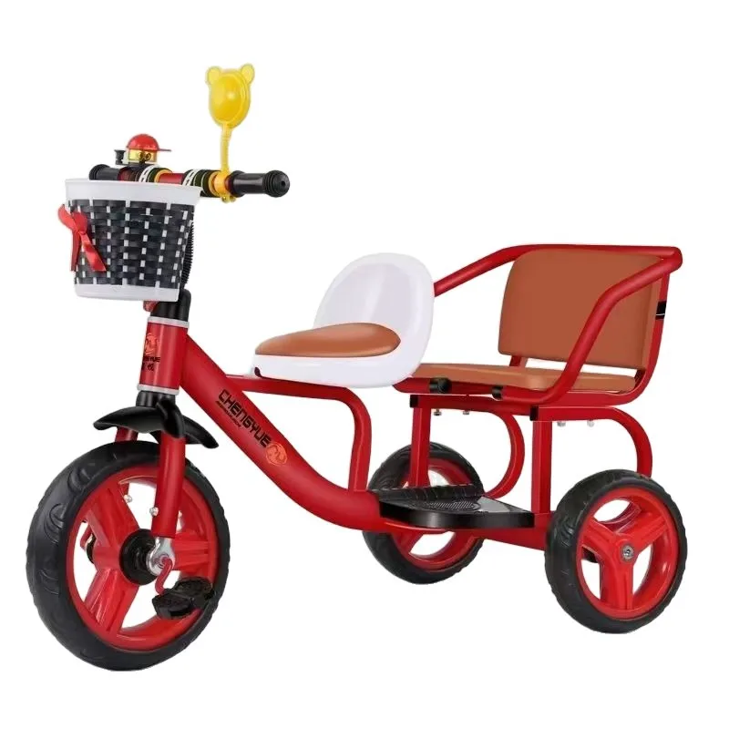 Double Pedal Kids' Tricycle Twin Stroller Design to Accommodate Two Children Comfortably