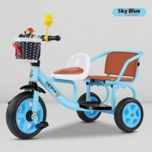 Double Pedal Kids’ Tricycle Twin Stroller Design to Accommodate Two Children Comfortably