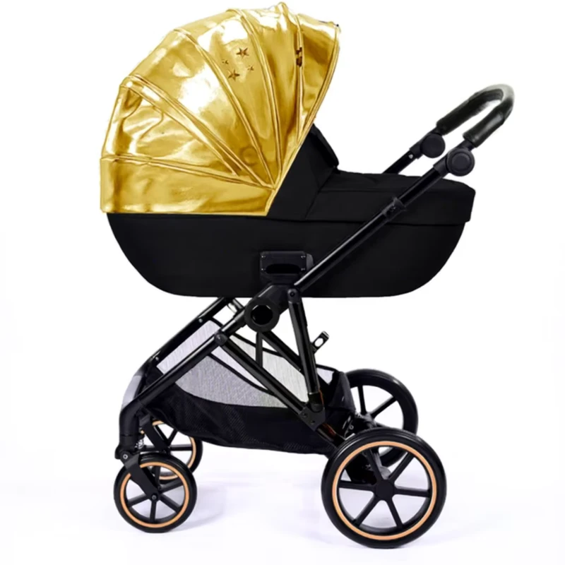 Durable Comfortable Golden PU Fabric Luxury Baby Stroller 2 in 1 Easy to Clean