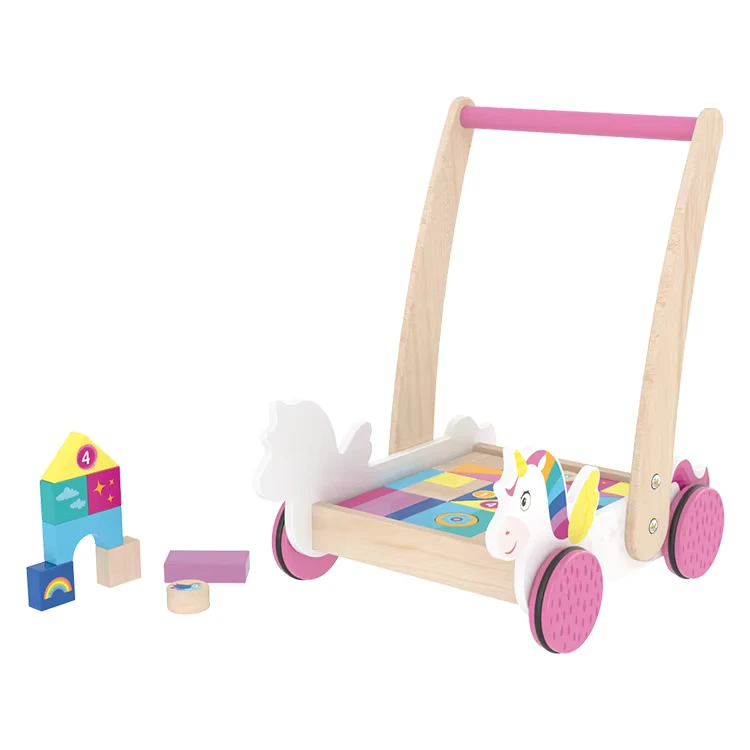 Eco Friendly Push Along Educational Unicorn Wooden Baby Activity Walker for Babies With Building Blocks