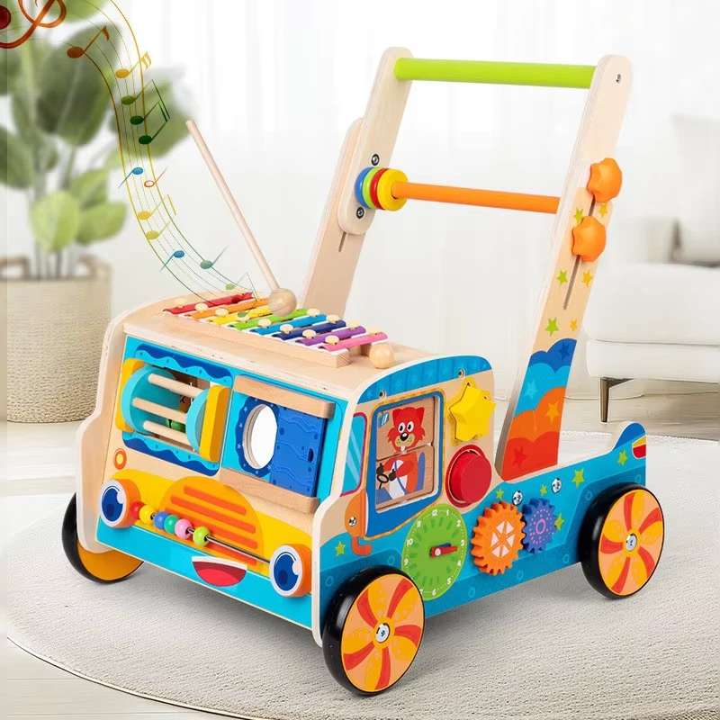 Educational Multi Function Wood Toys Pull Push Cart Wood Baby Walker Learning Activity for Baby
