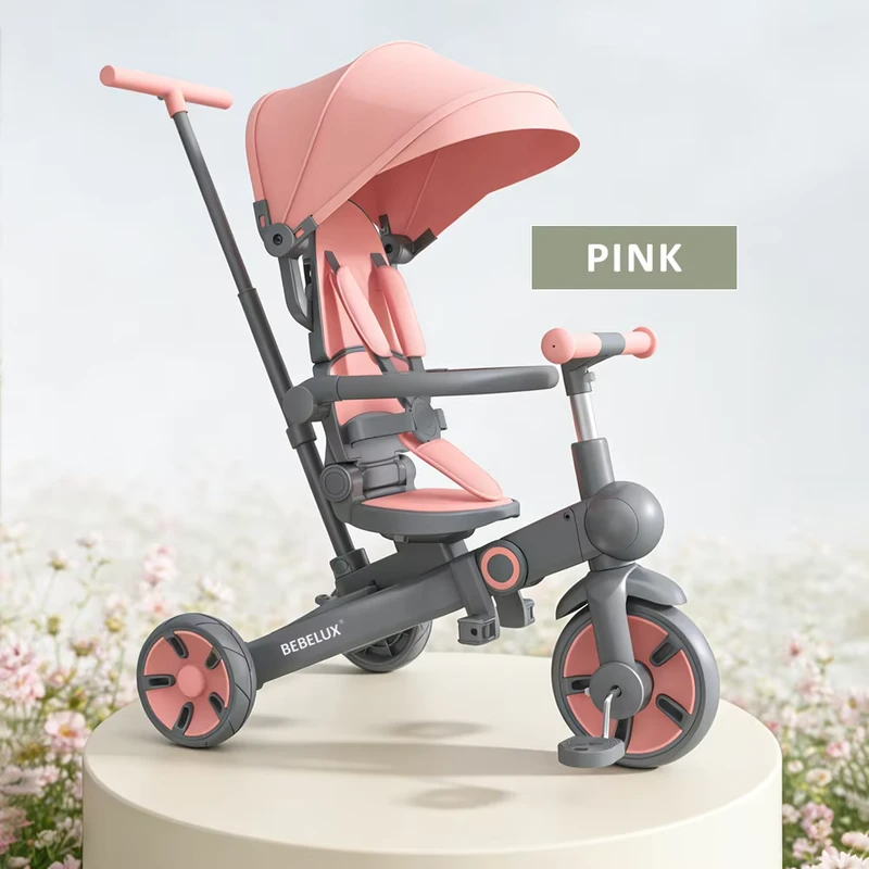 Foldable 9 in 1 Kids Tricycle with Handle Bar Reversible Baby Trike 3 Wheel Children Ride on Bicycle