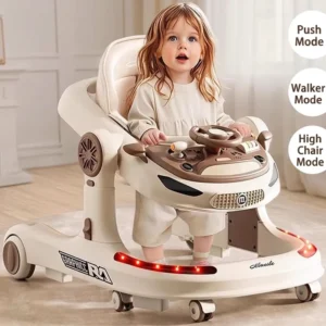 Foldable Baby Walker with Wheels and Seat Preventing Bow Legs Design Adjustable Height Musical Walker with Tray Quiet Wheels