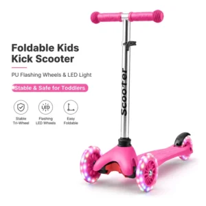 Foldable Kids Kick Scooter with PU Flashing Wheels 4-Level Adjustable Height Children’s 3-Wheel Scooter for Boys Girls 3-6-12Y