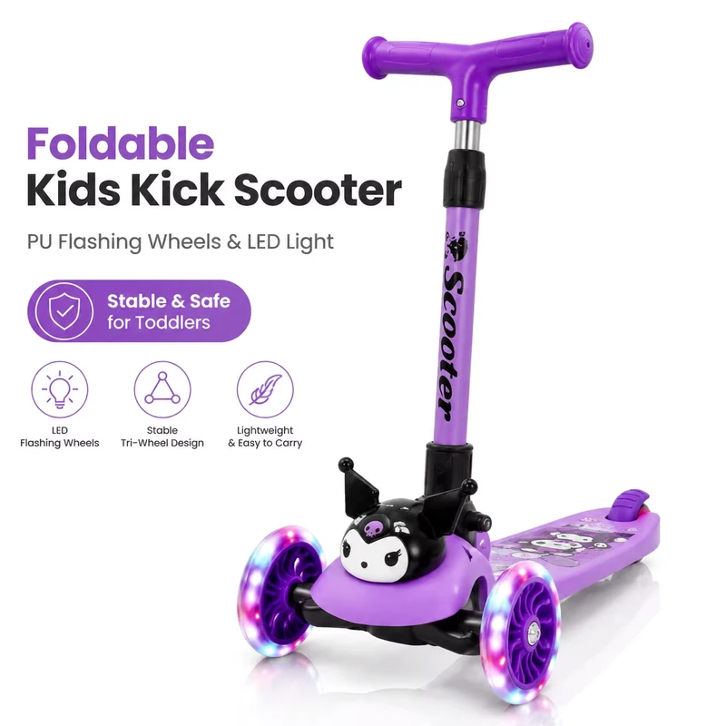 Foldable Kids Kick Scooter with PU Flashing Wheels 4-Level Adjustable Height Children's 3-Wheel Scooter for Boys Girls 3-6-8-12Y