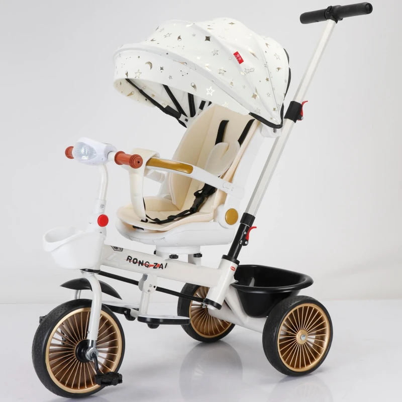 Foldable Kids Tricycle with Parent Handle 360° Rotating Seat Adjustable Sun Canopy Pedal Extension & Brake System