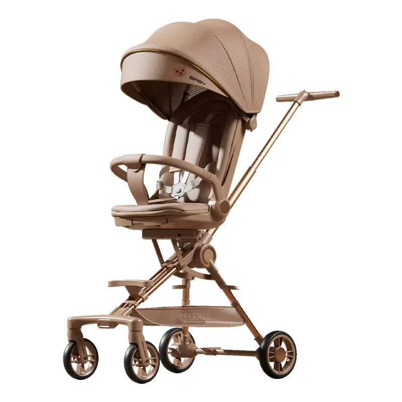 Foldable Lightweight Aluminum Alloy Four-Wheel Baby Stroller Trolley with Sit Lie Function Portable High Landscape Design Black