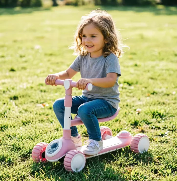 Foldable Three Wheel Plastic Kids Scooter with Seat Lightweight Ride On for Boys and Girls Ages 1-8