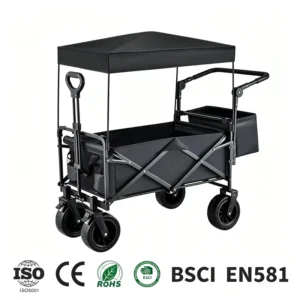 Folding Cart Hand Pulled Trailer With Canopy Four Wheel Pet Stroller Outdoor Camping Towing For Kids Metal Swivel Wheels
