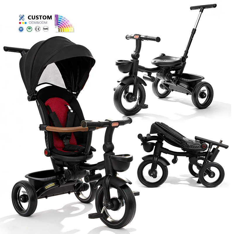 Folding Tricycle Kids Baby 3 Wheel with Detachable Pull Handle 7 in 1 Kids Tricycle Baby Stroller Walker