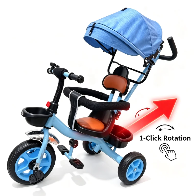 Good Quality Aluminum Alloy Kids Ride Toys Foldable Rotation 2-3 Year Old Baby Tricycle with Canopy Single Speed