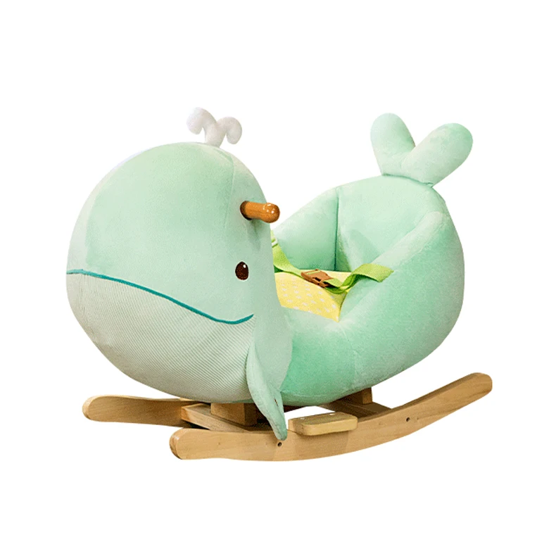 Green Whale Plush Baby Rocking Chair Toys Wooden Rocking Wooden Horse for Birthday Gift