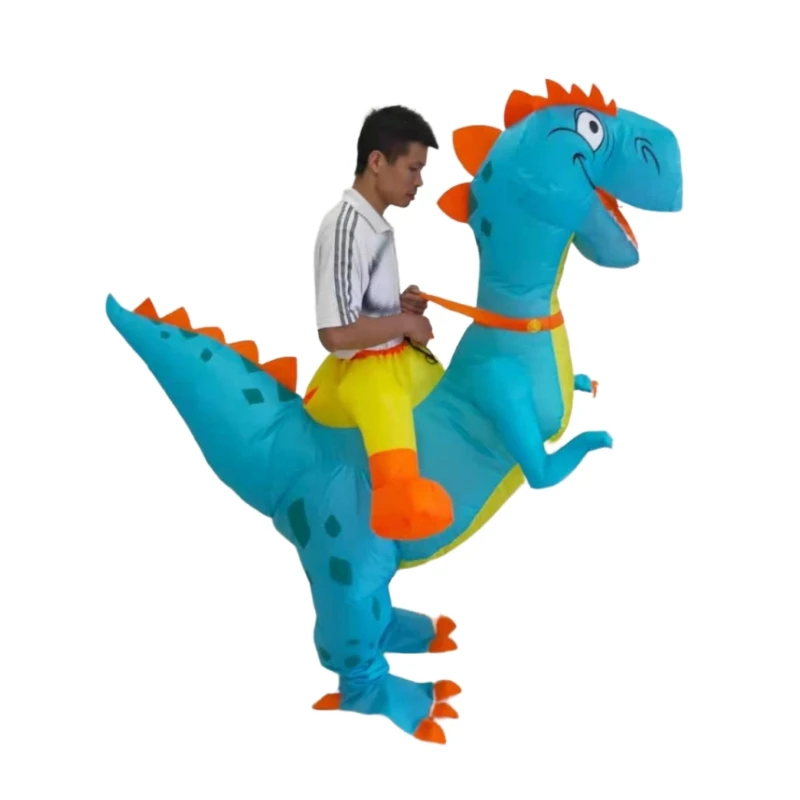 Halloween Animal Mascot Costume Inflatable Walking Blow Up Ride On Blue Dinosaur Polyester for Adults