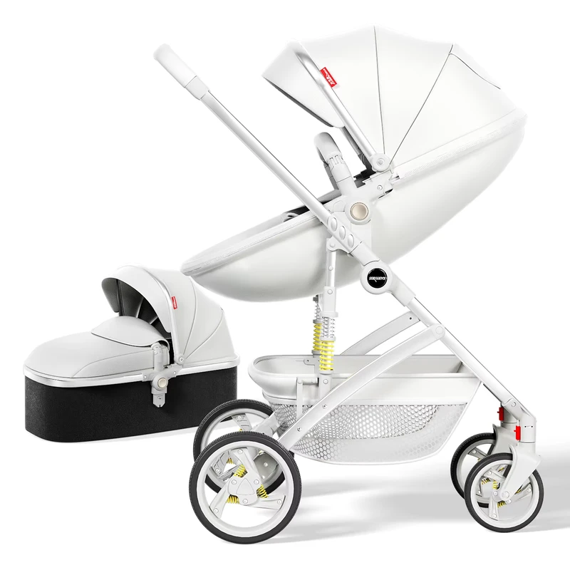 High Landscape Baby Stroller Pu Leather Baby Carriage with 360 Rotation Function Convenient Pram