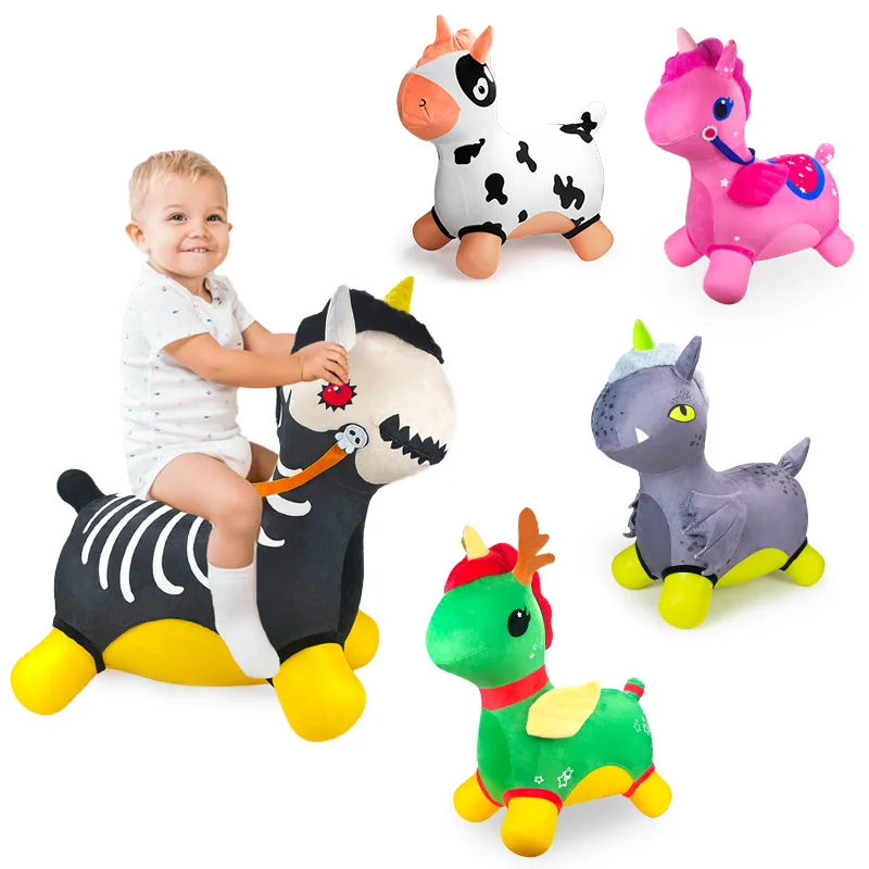 High Quality Custom PVC Inflatable Plush Bouncy Animal Toy Kids Ride on Exercise Balance Bouncy Cow in Cloth for Kids