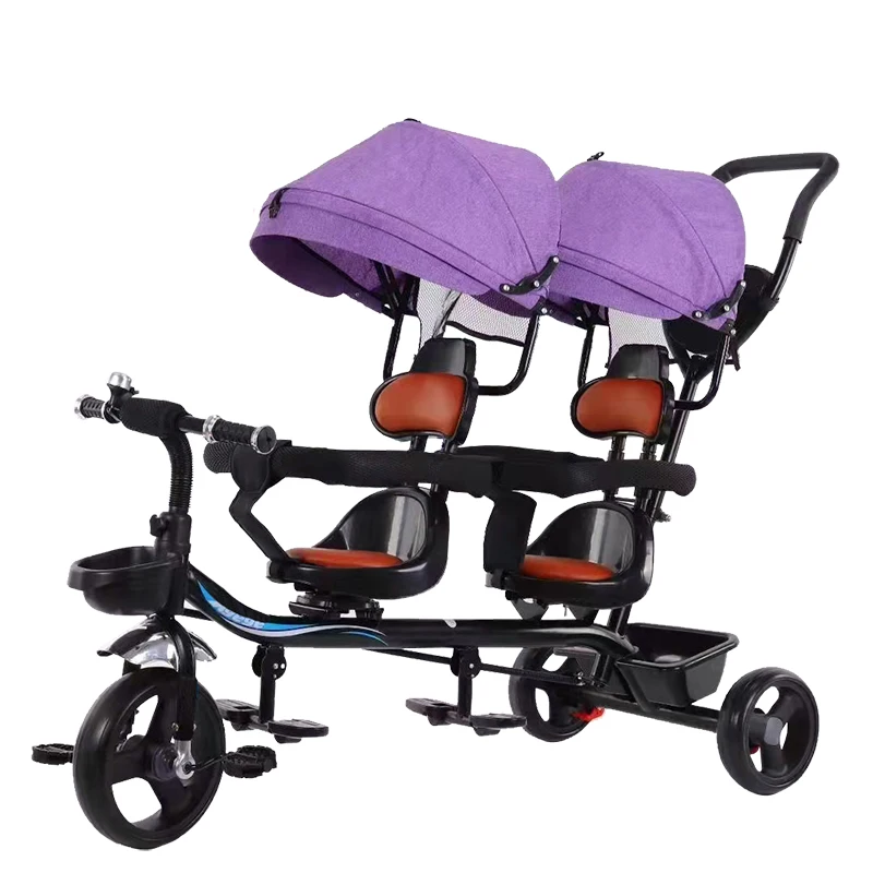 High Quality Twin Seat Tricycle for Kids Portable Steel Fork With Pushbar and AB Carton Packing