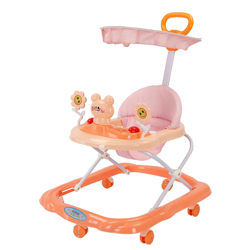 Home Use Foldable 6-Wheel High Backrest with Music Push Handle Removable Sunshade Plastic Frame Baby Walker