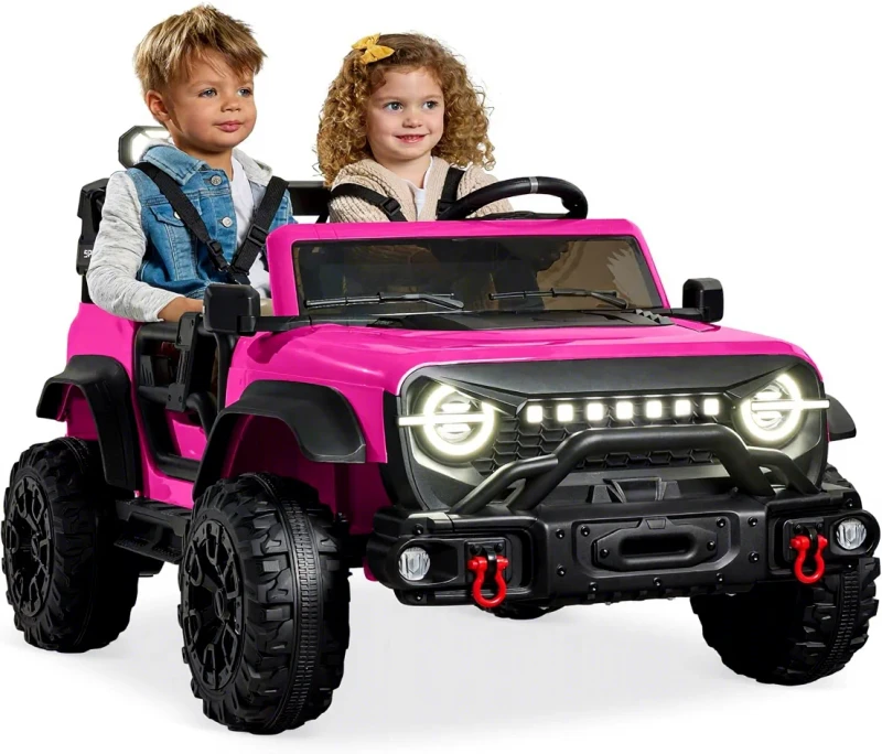 Kids 24V 2-Seater Electric Ride-On Car W 132lb Capacity Parent Control LED Lights Hot Pink ABS Plastic