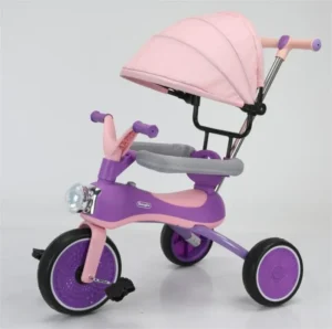 Kids 3 in 1 Tricycle Ride on Toy with Push Handle and Canopy LED Light Easy to Ride for 2 to 4 Years