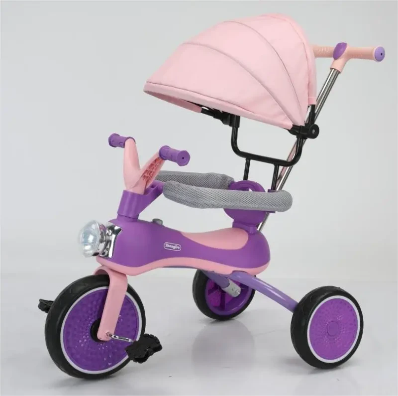 Kids 3 in 1 Tricycle Ride on Toy with Push Handle and Canopy LED Light Easy to Ride for 2 to 4 Years