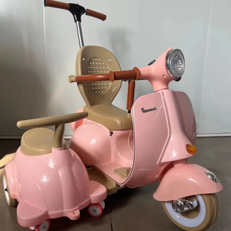 Kids Electric Scooter Retro Ride On Scooter With Sidecar 6V Battery Italian Style LED Lights For Toddlers Gift