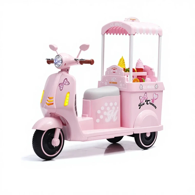 Kids Electric Tricycle Ice Cream Scooter Ride On Toy Battery Powered 3 Wheel Motorized Vehicle Girls Pretend Play Canopy