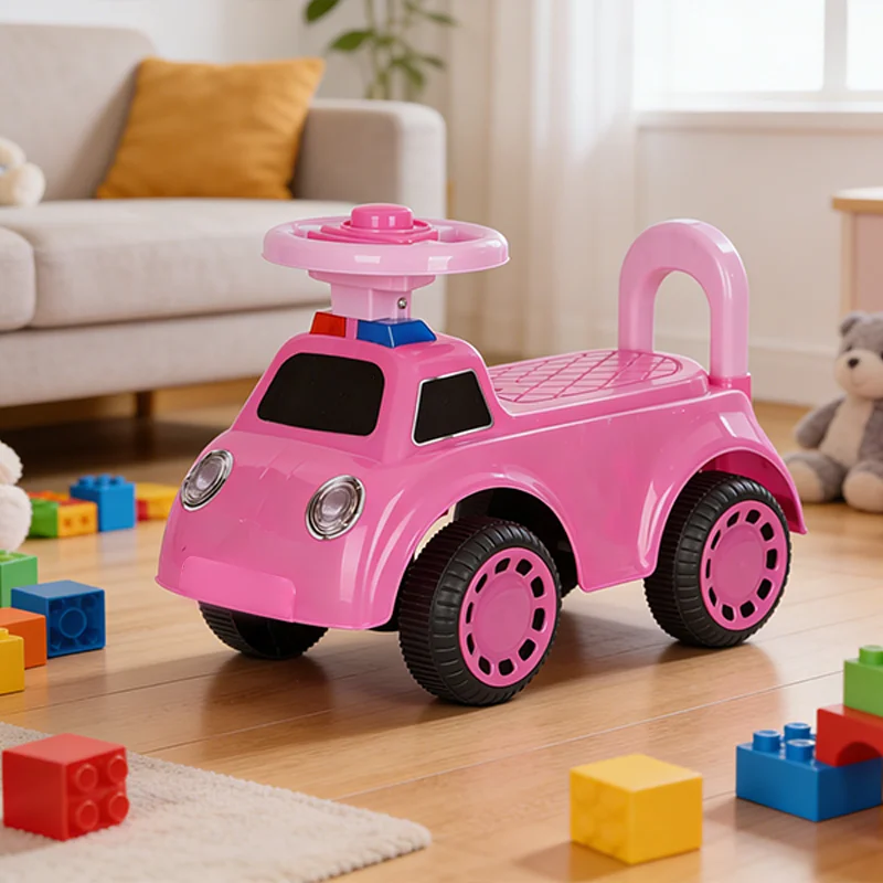 Kids Four Wheel Ride on Push Car with Handle Plastic & Metal Construction for 2 to 4 Years Old Outdoor Use