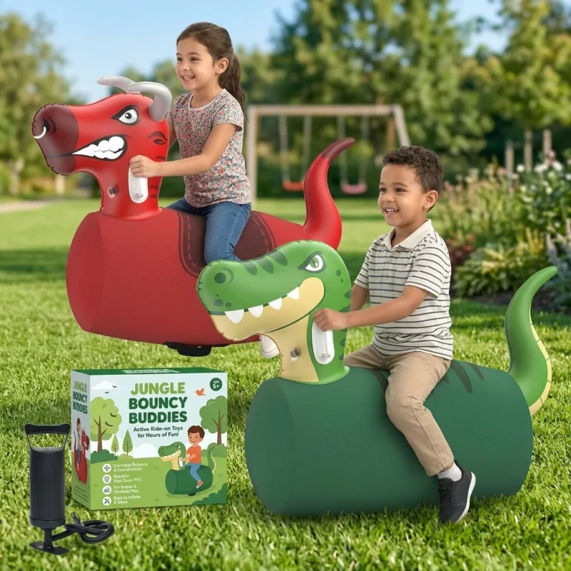 Kids Inflatable Dinosaur Bull Bouncy Hopper 2 PCS with Pump Ride on Toy for Indoor Outdoor Lbs Gift for Boys 5+