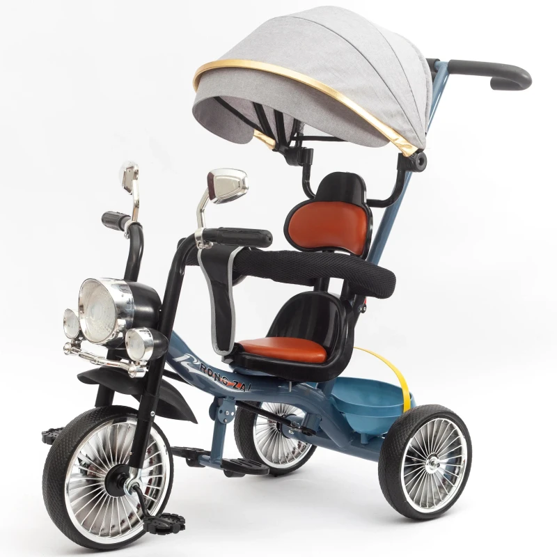 Kids Tricycle Parent Controlled Canopy Music Light Multifunctional Toddler Trike Luxury Gift with Reversible Seat