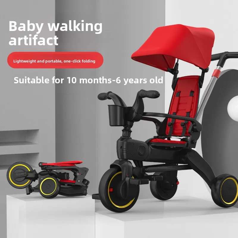Kids Tricycle Stroller 4 in 1 with Push Handle Sunshade Safety Harness Anti Tip Toddler Bike for 1 5 Years Old