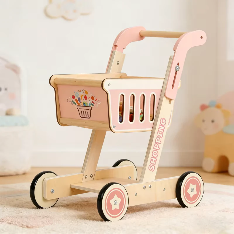 Kids Wooden Toy Cart 4 Wheel Height Adjustable Shopping Push Trolley KT1150